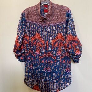 JOHNNY WAS Scarf Print STACY B Blouse 100% Silk Button Down Shirt Size Small